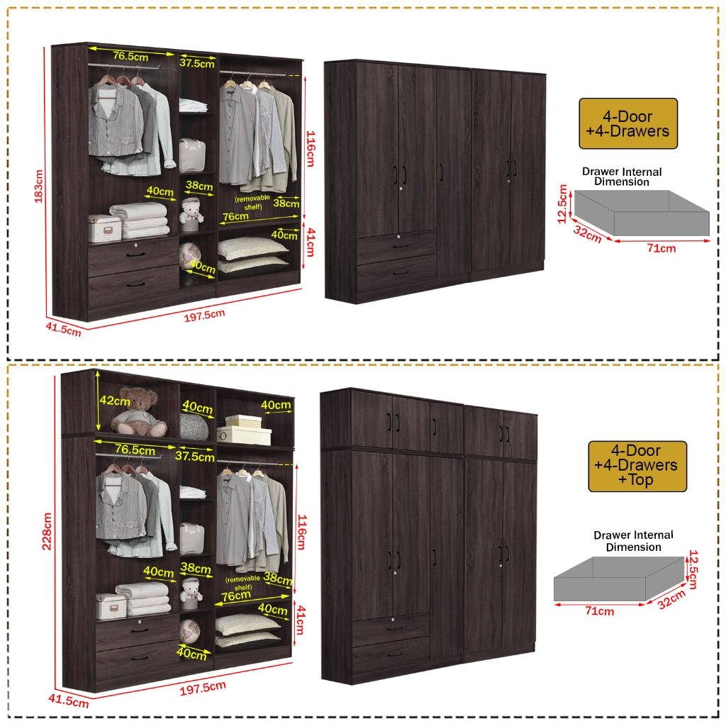 Britain Series 1/2/3/4/5 Doors Tall Wardrobe with Drawers and Top Cabinet in Black Walnut