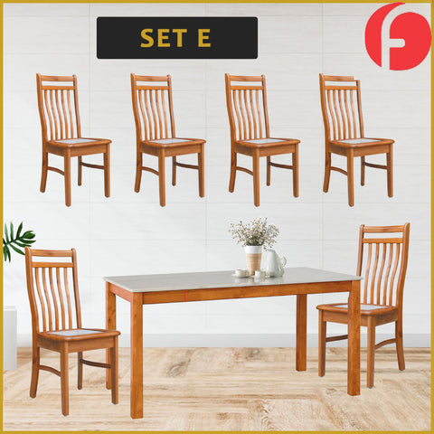 Image of Kamila Dining Set with Table & Chairs 1+6 in Solid Wood Natural Marble Top Cherry/Walnut