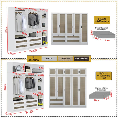 Image of CROATIA Series 1/2/3/4/5 Doors Wardrobe Rattan Design with Drawers and Top Cabinet