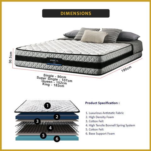 Image of Honey Spinal XL 12" Anti-Static Posture Support Spring Mattress - All Sizes Available
