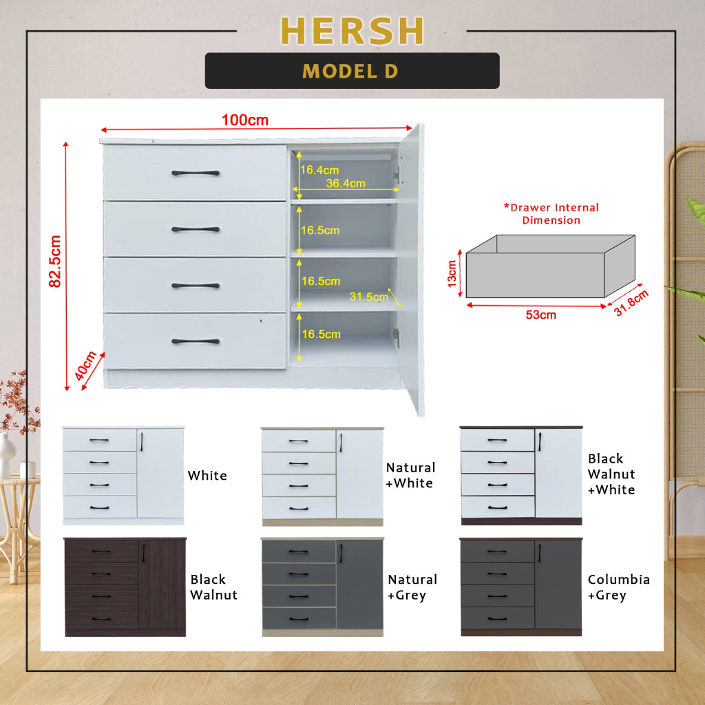 Hersh Premium Chest of Drawers Collection CARB-P2 Certified Board Full Laminated Back Panel in 6 Colours