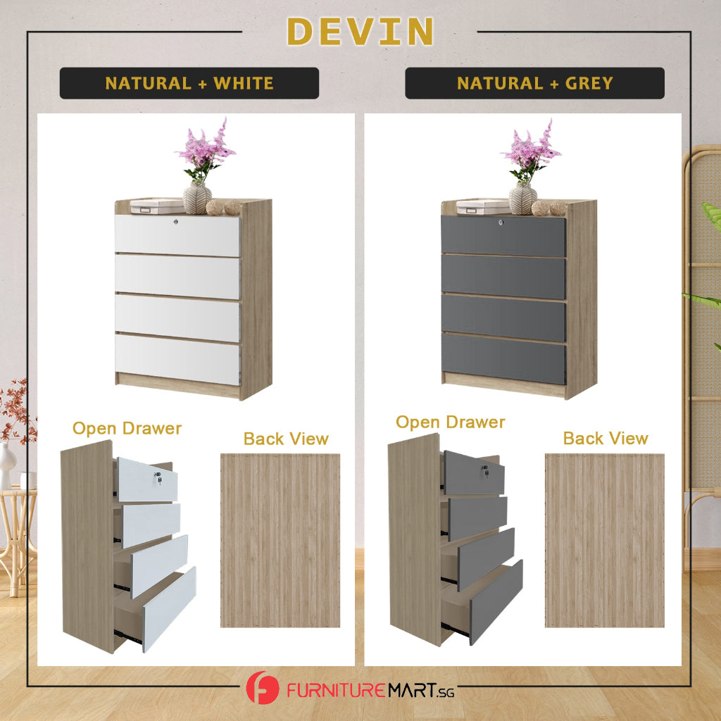 Devin Series Premium Chest of 4 Drawers Collection Full Laminated Back Panel in 6 Colours