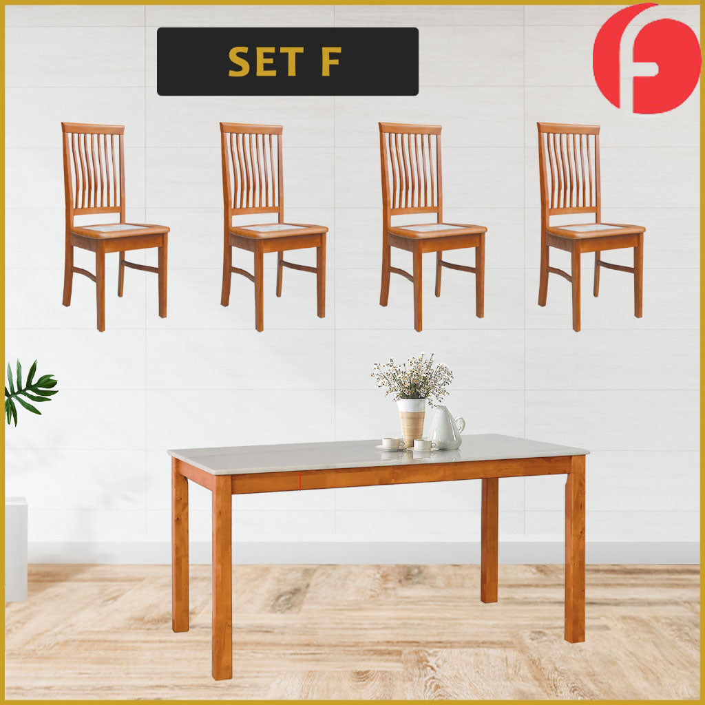 Jaime Dining Set w/ Table and Chairs 1+4 in Solid Wood Natural Marble Top Cherry/Walnut