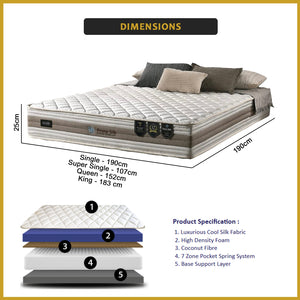 Honey Prime Silk 10" 7-Zone Pocket Spring Mattress FREE PILLOW -All Sizes