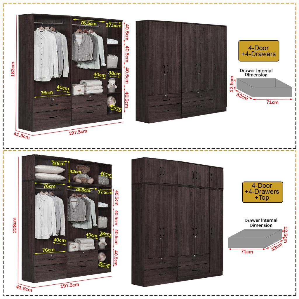 Britain Series 1/2/3/4/5 Doors Tall Wardrobe with Drawers and Top Cabinet in Black Walnut