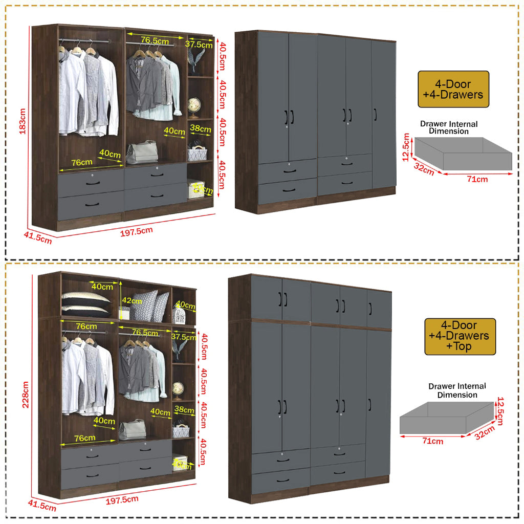 Paris Series 1/2/3/4/5 Doors Tall Wardrobe with Drawers and Top Cabinet in Columbia Grey