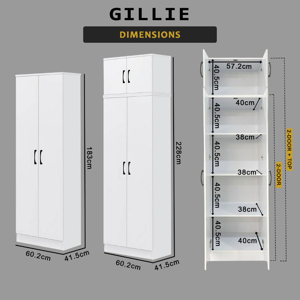 Gillie Series 2 Doors Tall Wardrobe with Top Cabinet Fully Laminated Back in 6 Colours