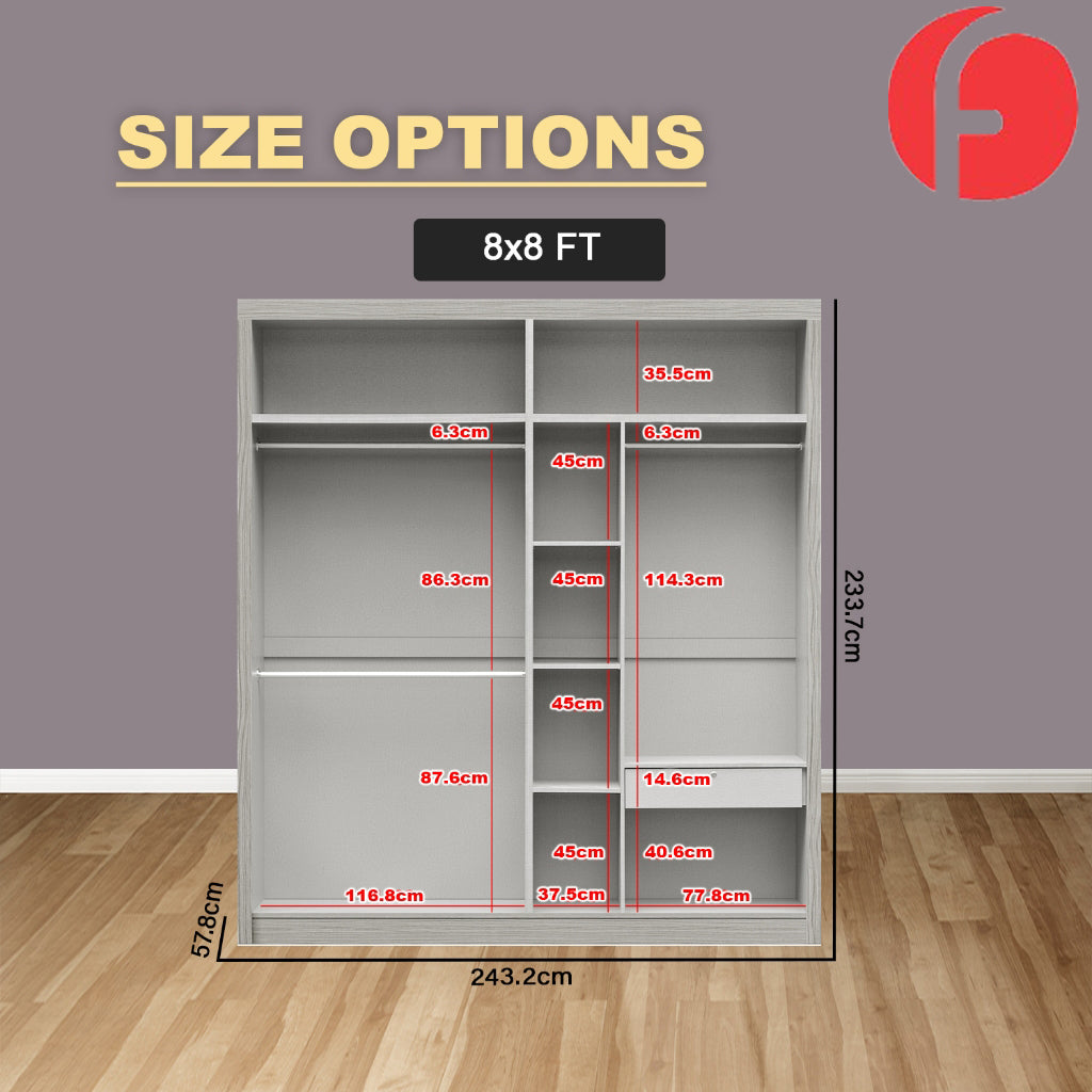 Malta Series 4/5/6/8x8FT 2-Door Sliding Door Wardrobe with Mirror Door in 3 Colours