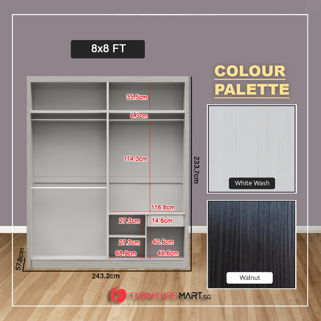 Pablo Series 5/6/8x8FT 2-Door Sliding Door Wardrobe in White Wash or Walnut in 5 Design