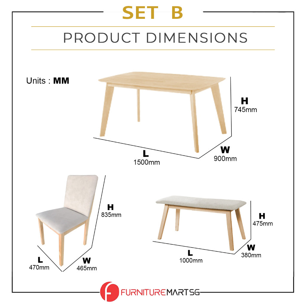 OGIVE Dining Set Table with Chair & Bench Pet-Friendly Fabric in Natural & Walnut Color