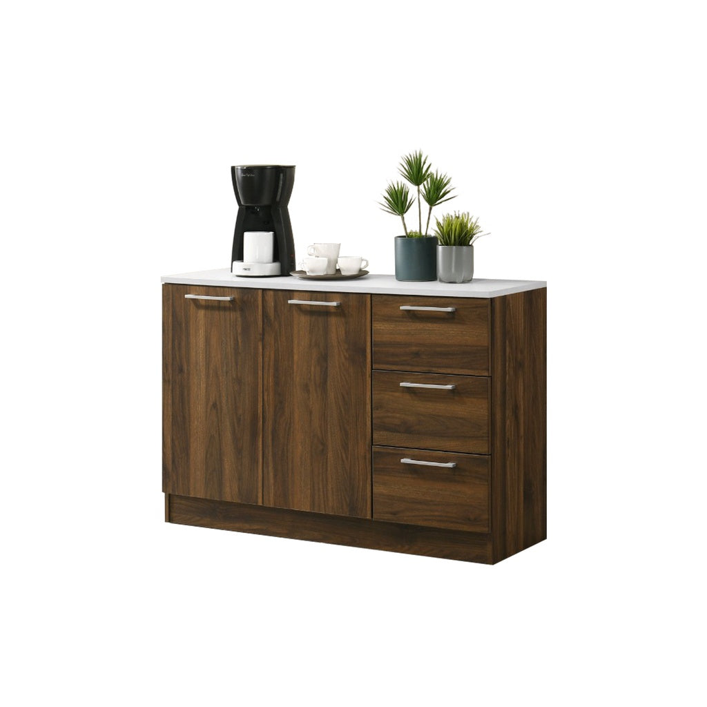 Hallie Series Modular Kitchen Cabinet Melamine Panel Top with Hanging Cabinet in Brown & Natural Color.