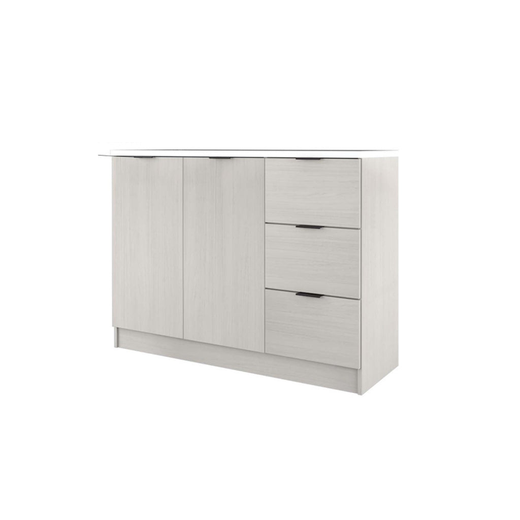 Hallie Series Modular Kitchen Cabinet Melamine Panel Top with Hanging Cabinet in Brown & Natural Color.