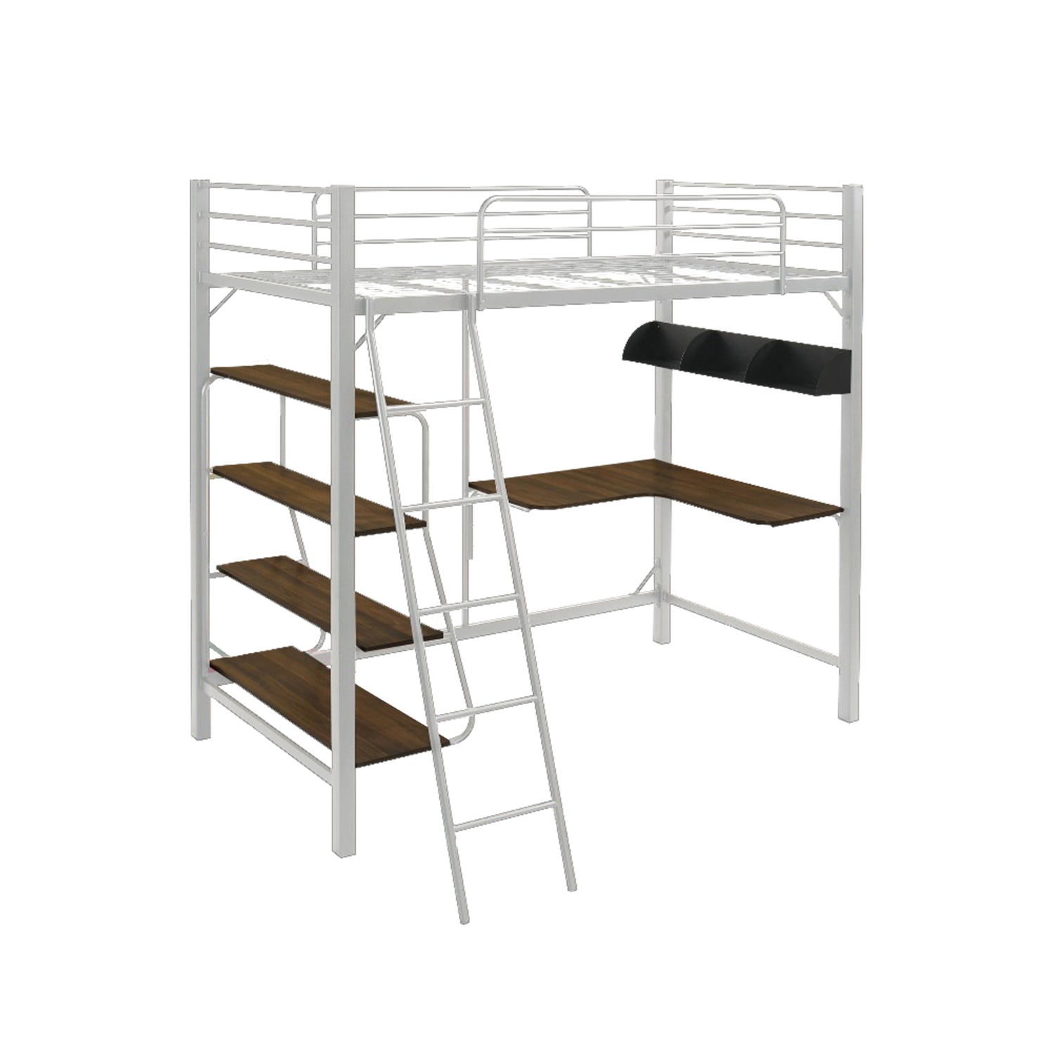 Frances A Single Metal Loft Bed Frame with Built-in Table and Shelves - w/ Mattress Option