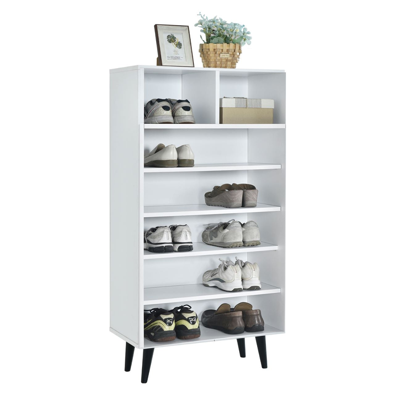 Peony Shoe Cabinet with Shelves + 2 Open Storage In Full White