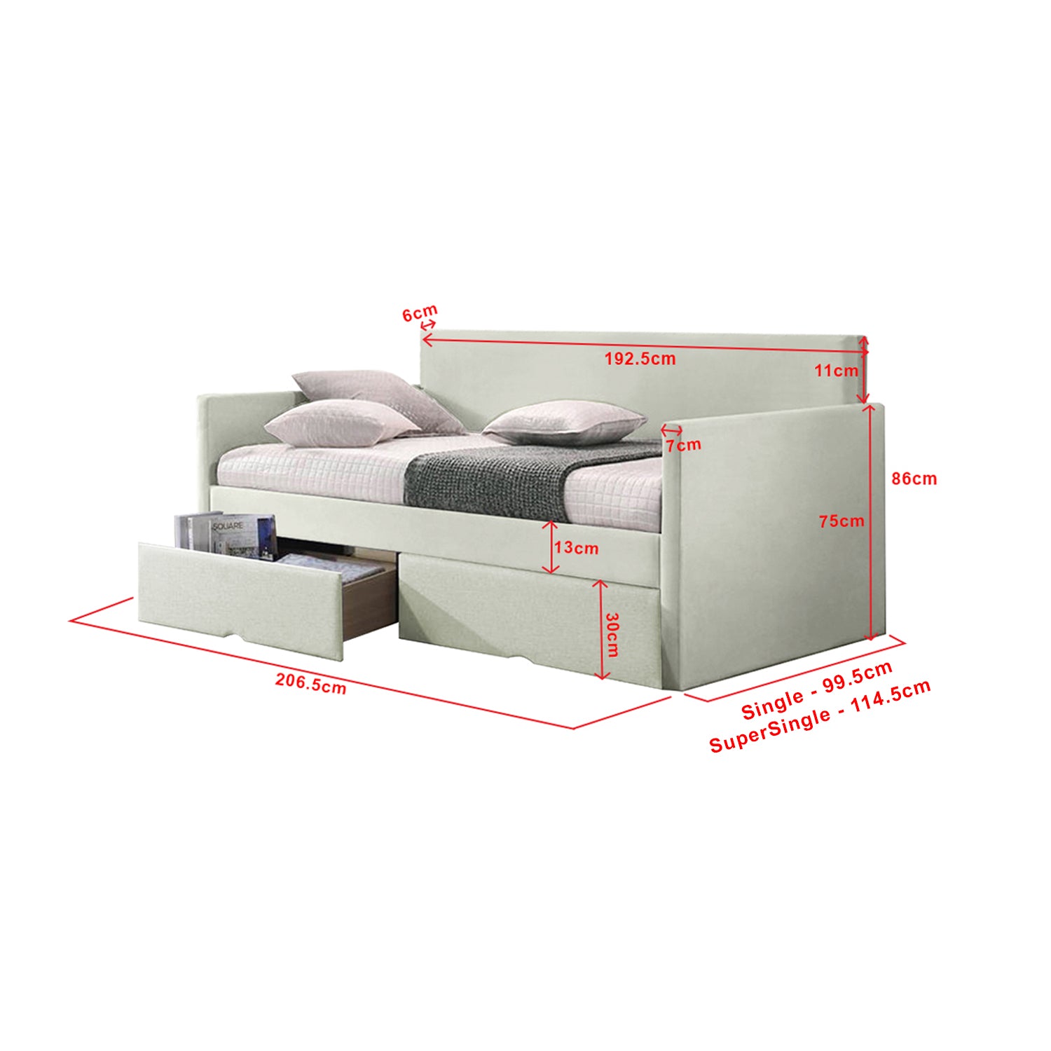 Korro Series Model A Daybed with Drawers - Pet-Friendly Option with Mattress - 56 Colours
