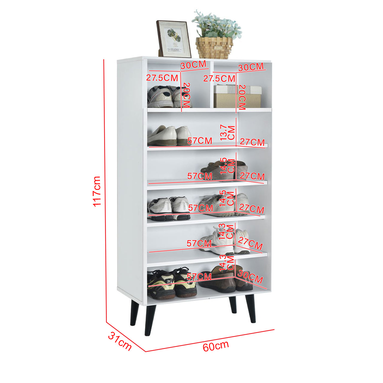Peony Shoe Cabinet with Shelves + 2 Open Storage In Full White