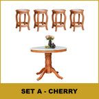 Mateo Dining Set Round Table & Stools 1+4 in Solid Wood Natural Marble Top Cherry/Walnut