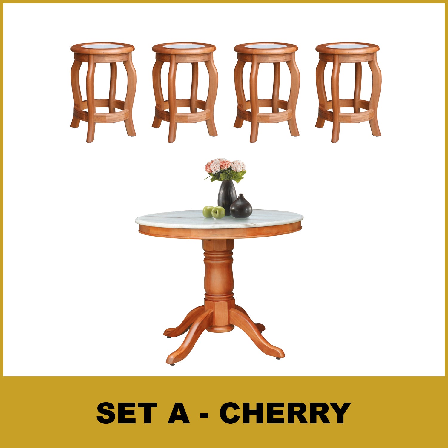 Mateo Dining Set Round Table & Stools 1+4 in Solid Wood Natural Marble Top Cherry/Walnut