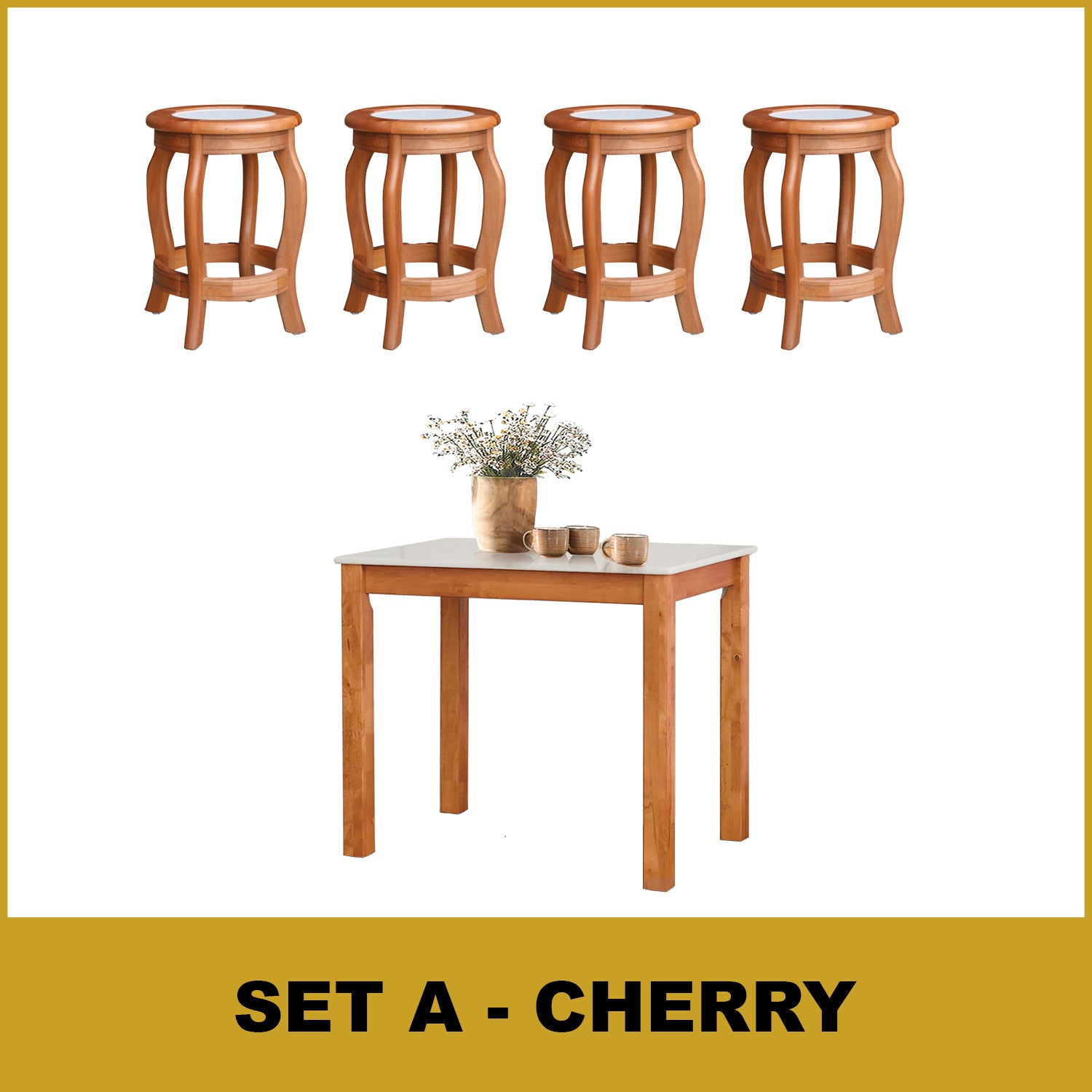 Lucas Dining Set w/ Table and Stools 1+4 in Solid Wood Natural Marble Top Cherry/Walnut