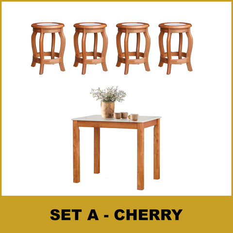 Image of Lucas Dining Set w/ Table and Stools 1+4 in Solid Wood Natural Marble Top Cherry/Walnut