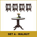 Mateo Dining Set Round Table & Stools 1+4 in Solid Wood Natural Marble Top Cherry/Walnut