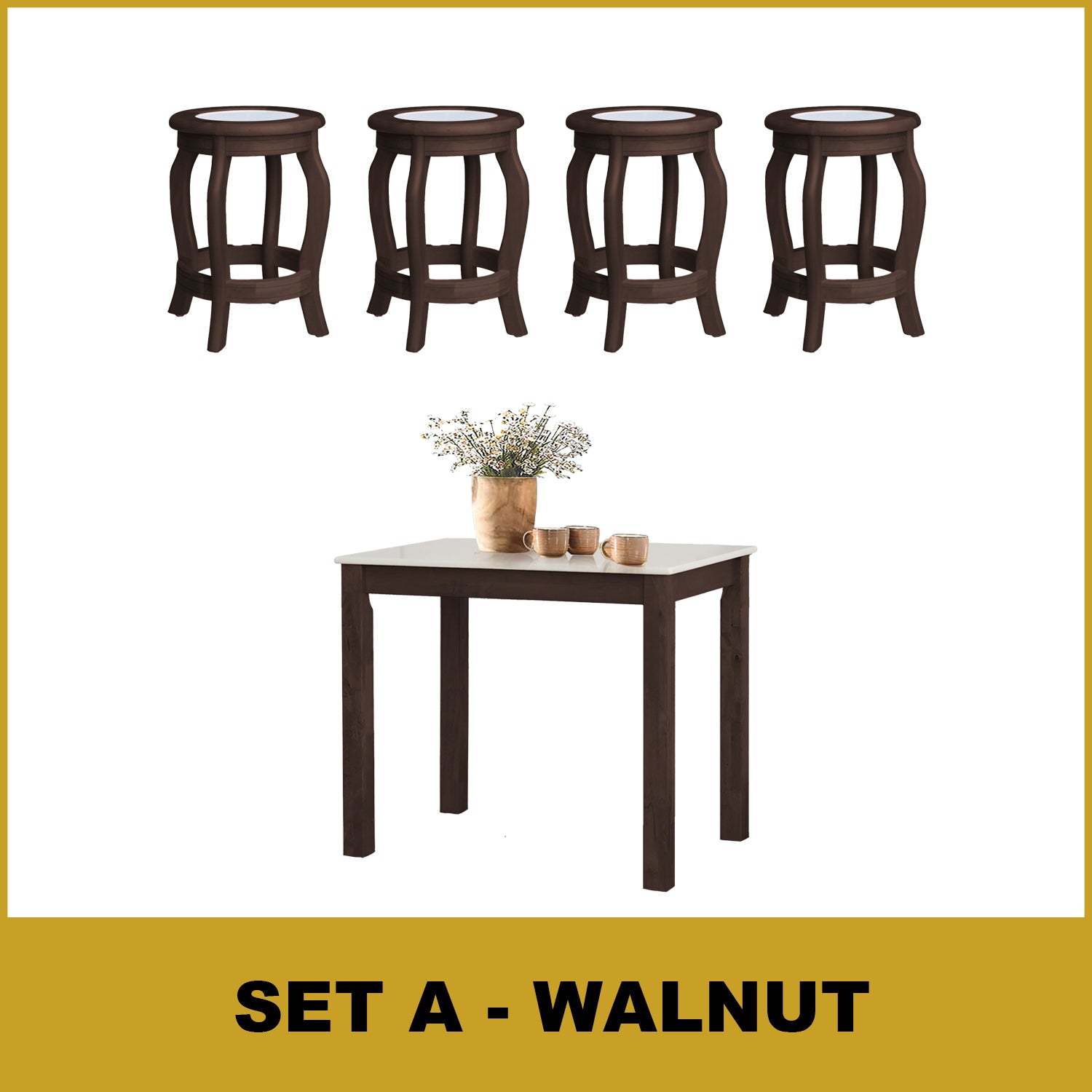 Lucas Dining Set w/ Table and Stools 1+4 in Solid Wood Natural Marble Top Cherry/Walnut