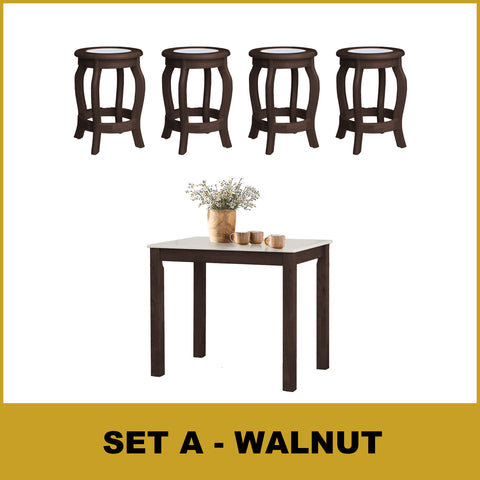 Image of Lucas Dining Set w/ Table and Stools 1+4 in Solid Wood Natural Marble Top Cherry/Walnut