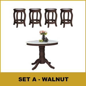 Mateo Dining Set Round Table & Stools 1+4 in Solid Wood Natural Marble Top Cherry/Walnut
