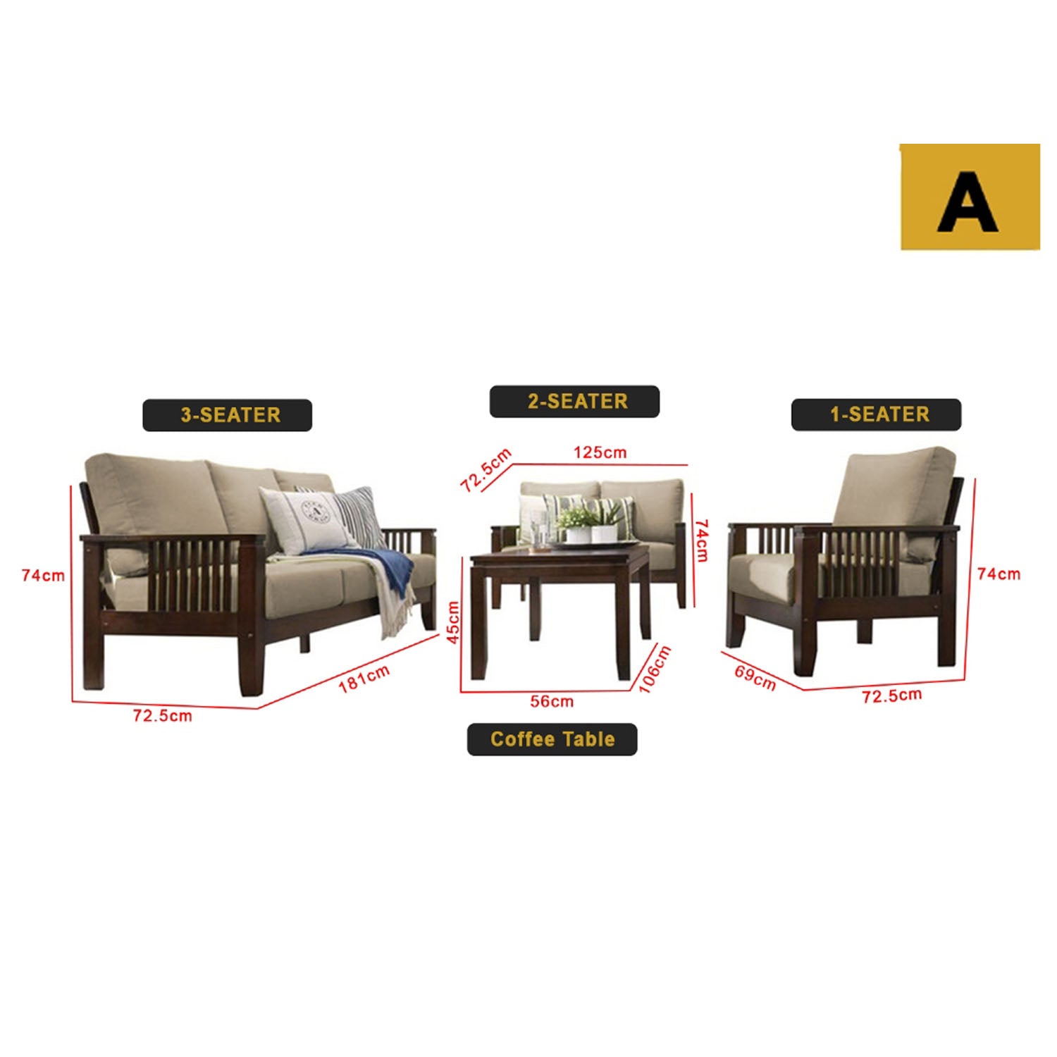 Frida Series 1,2,3 Seater Sofa Set Solid Wood Living Room Furnitures in Light Brown