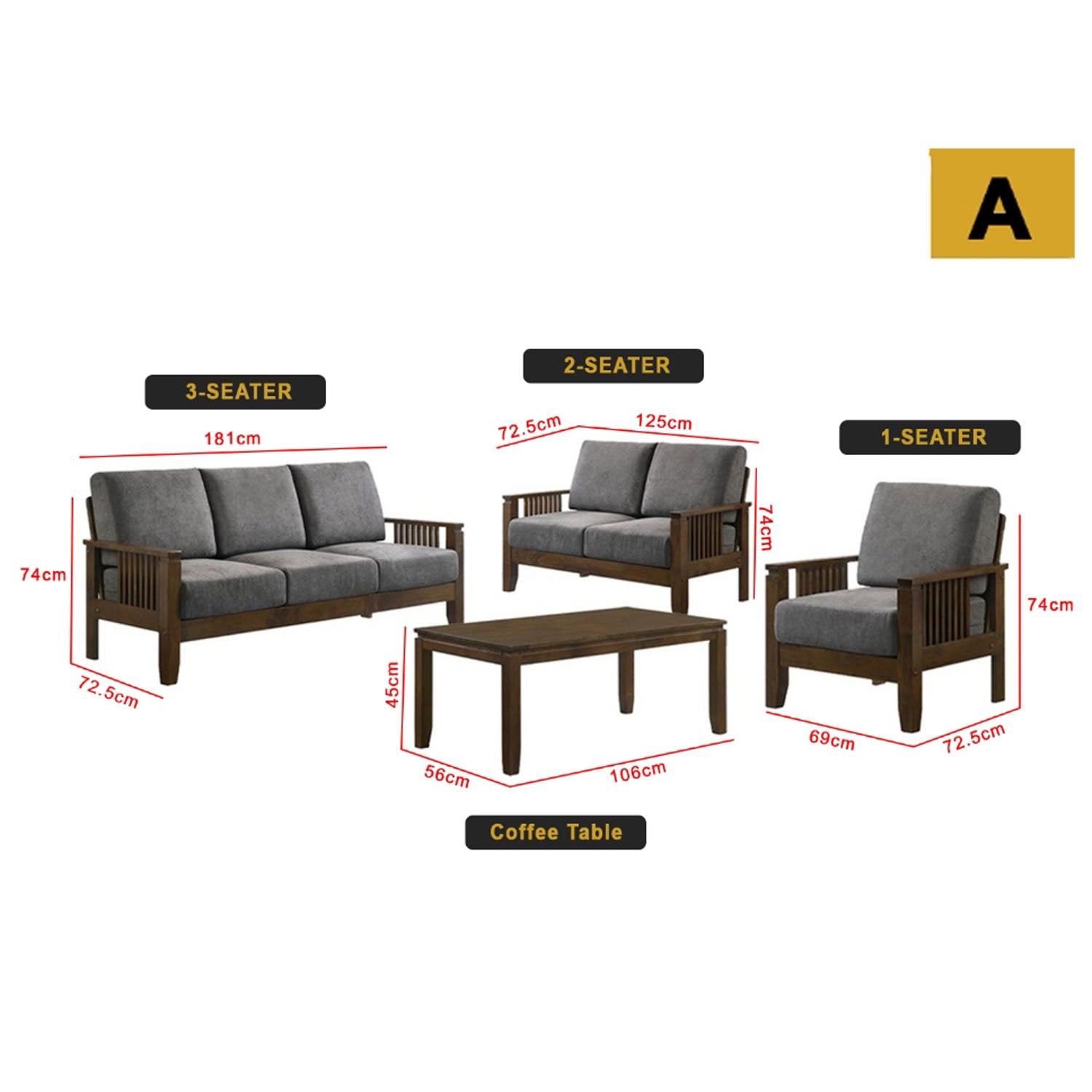 Frida Series 1,2,3 Seater Sofa Set Solid Wood Living Room Furnitures in Grey