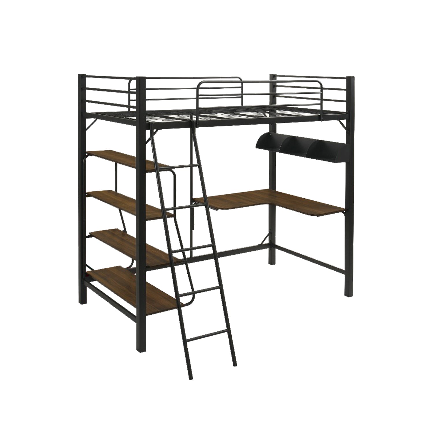 Frances A Single Metal Loft Bed Frame with Built-in Table and Shelves - w/ Mattress Option