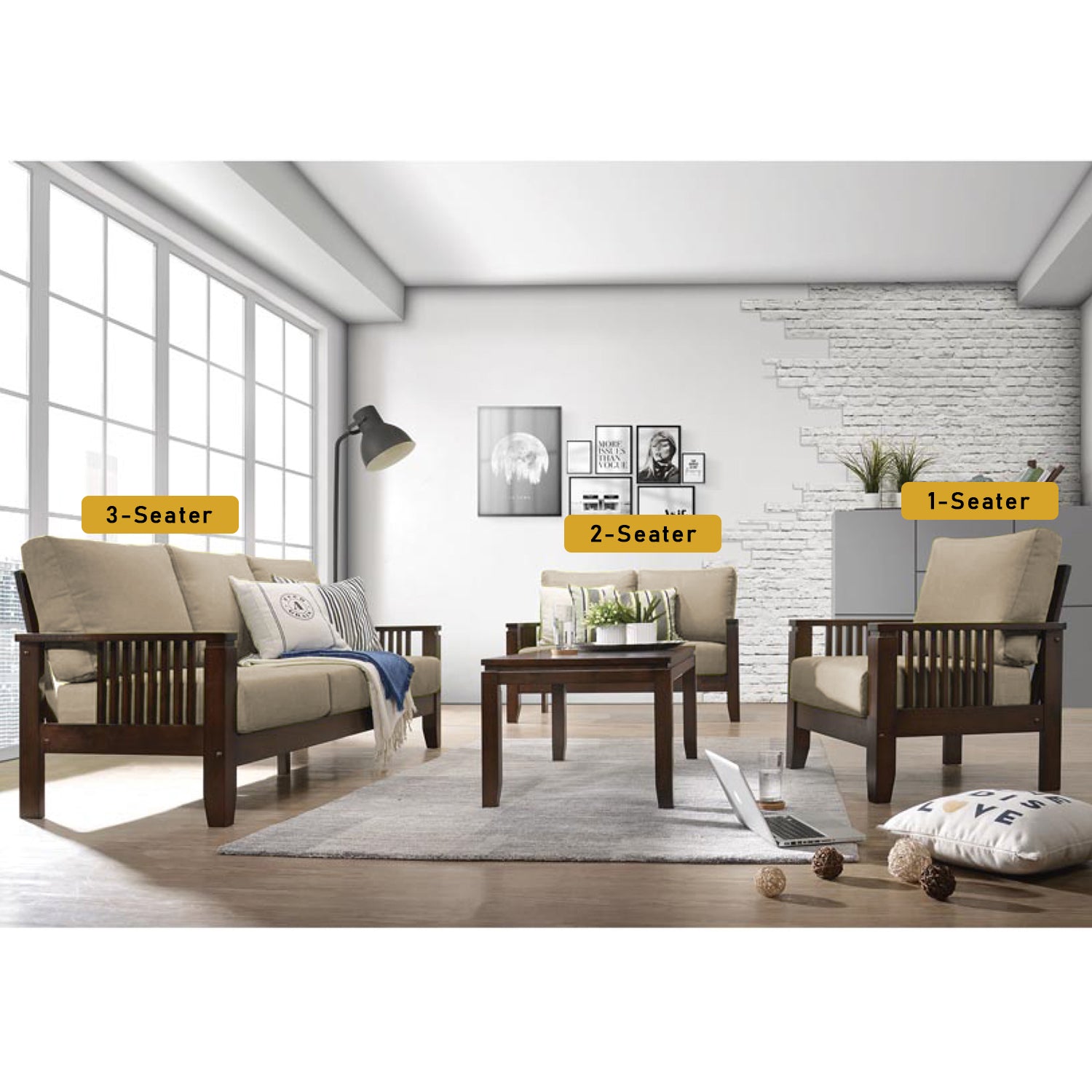 Frida Series 1,2,3 Seater Sofa Set Solid Wood Living Room Furnitures in Light Brown