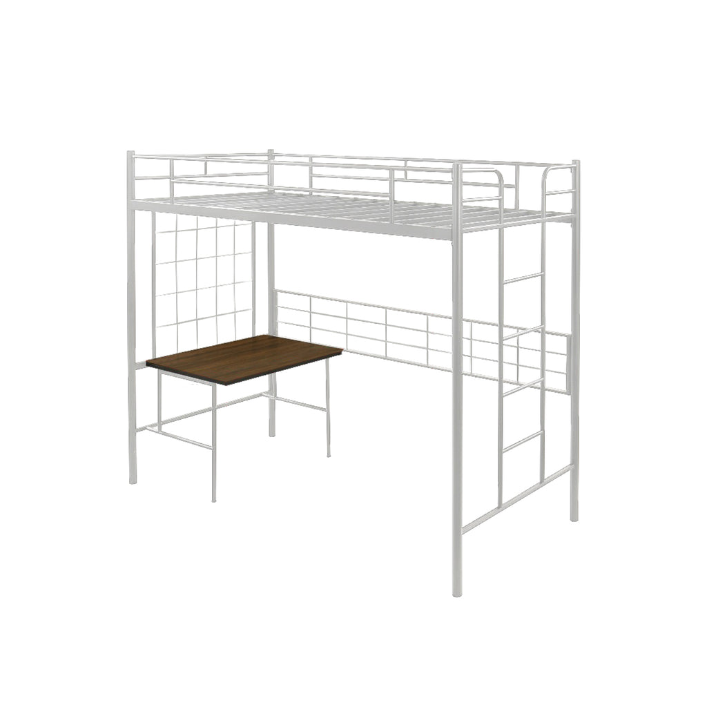 Frances B Single Metal Loft Bed Frame with Built-in Table and Shelves - w/ Mattress Option
