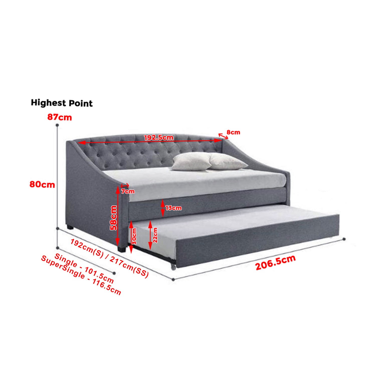 Joash Model B Daybed with Trundle with Mattress - Pet-Friendly Option - 56 Colours