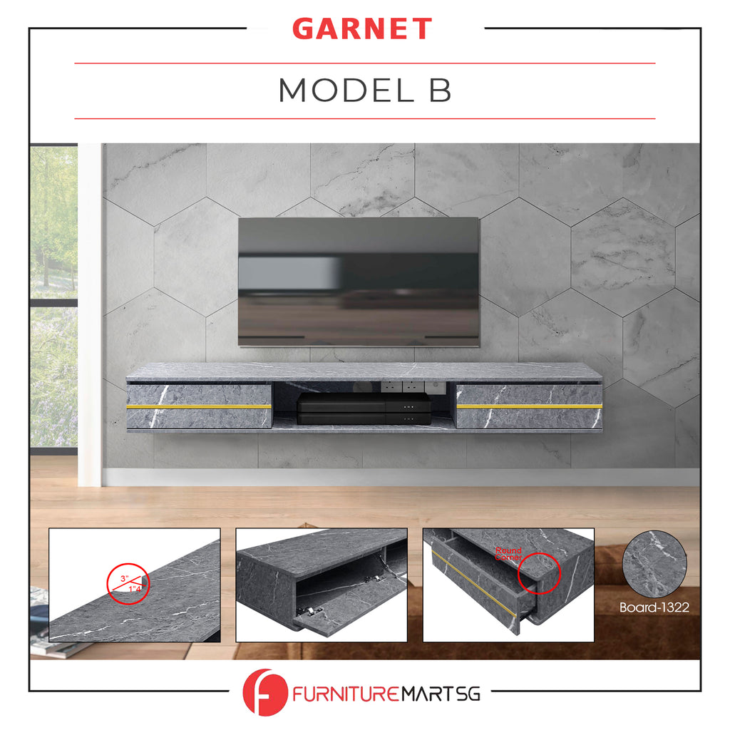 Garnet Series 2 Floating TV Console with Built-in Socket in Marble Grey Colour