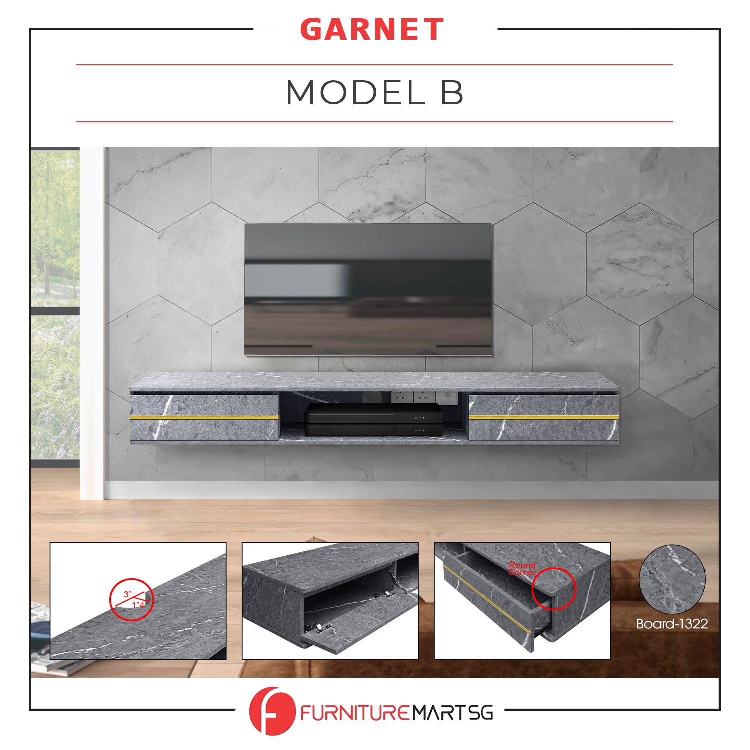 Garnet Series 2 Floating TV Console with Built-in Socket in Marble Grey Colour