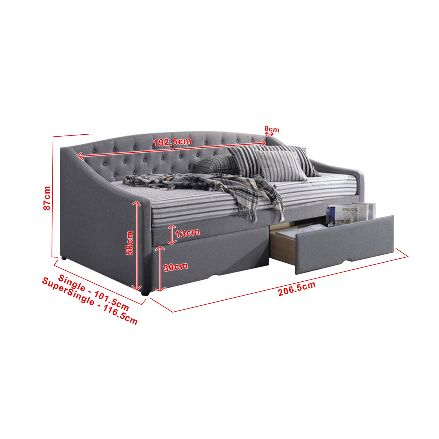 Korro Series Model B Daybed with Drawers - Pet-Friendly Option with Mattress - 56 Colours