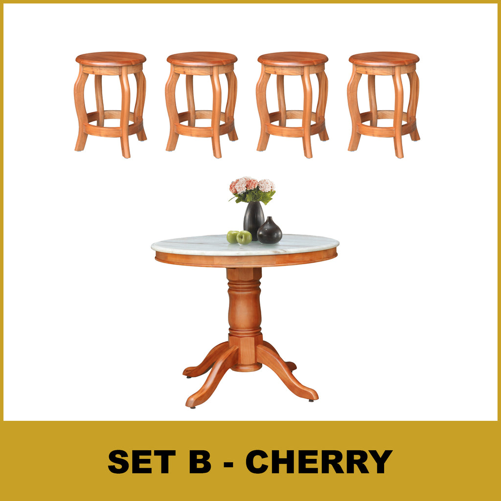 Mateo Dining Set Round Table & Stools 1+4 in Solid Wood Natural Marble Top Cherry/Walnut