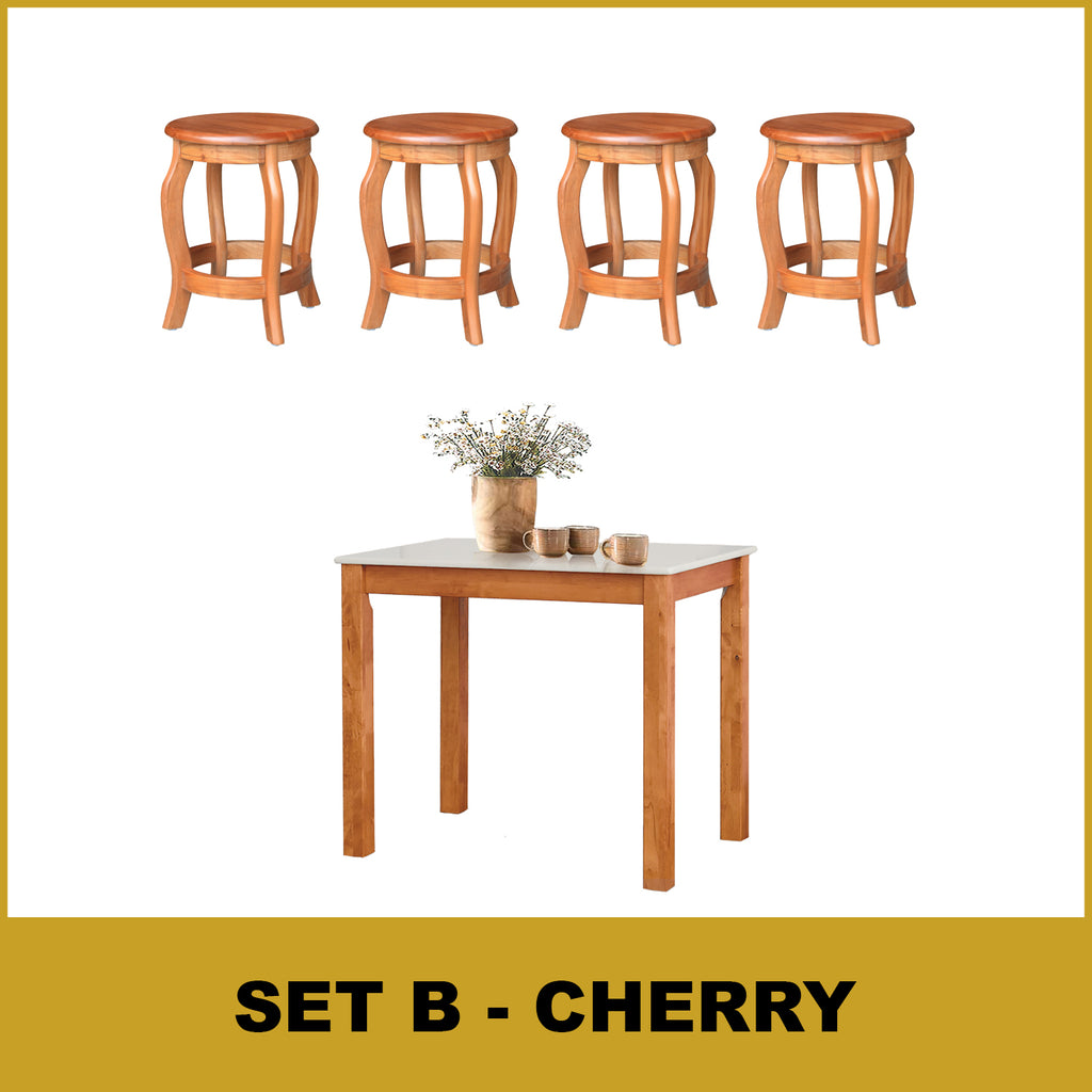 Lucas Dining Set w/ Table and Stools 1+4 in Solid Wood Natural Marble Top Cherry/Walnut