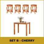 Lucas Dining Set w/ Table and Stools 1+4 in Solid Wood Natural Marble Top Cherry/Walnut