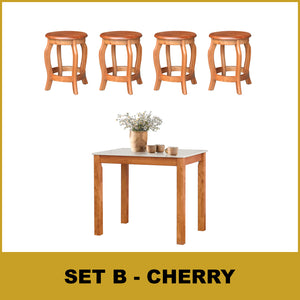 Lucas Dining Set w/ Table and Stools 1+4 in Solid Wood Natural Marble Top Cherry/Walnut