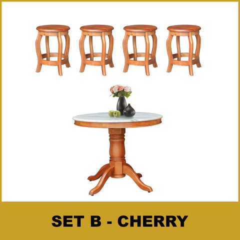 Image of Mateo Dining Set Round Table & Stools 1+4 in Solid Wood Natural Marble Top Cherry/Walnut