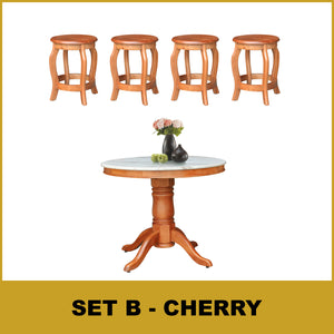 Mateo Dining Set Round Table & Stools 1+4 in Solid Wood Natural Marble Top Cherry/Walnut