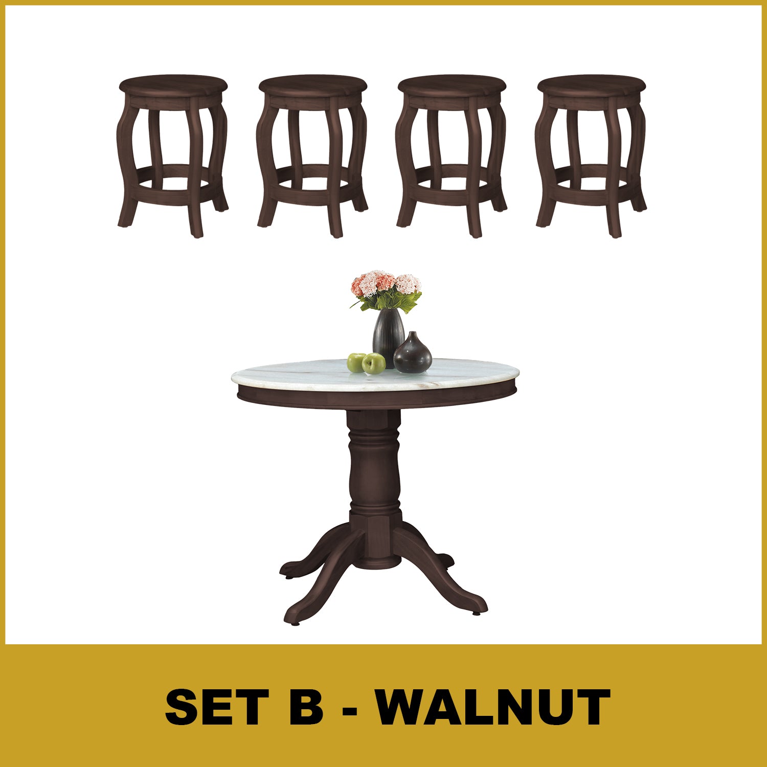 Mateo Dining Set Round Table & Stools 1+4 in Solid Wood Natural Marble Top Cherry/Walnut