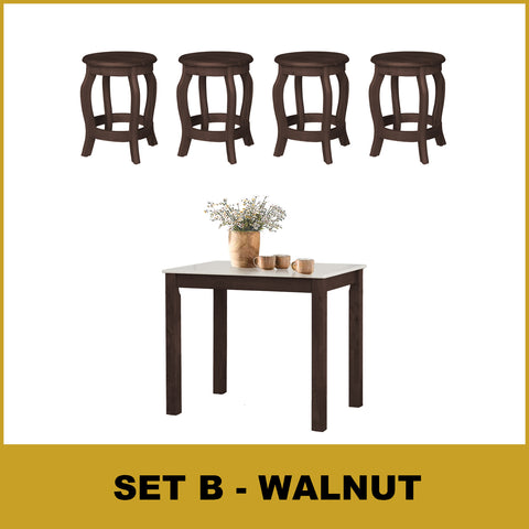 Image of Lucas Dining Set w/ Table and Stools 1+4 in Solid Wood Natural Marble Top Cherry/Walnut