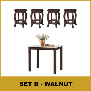 Lucas Dining Set w/ Table and Stools 1+4 in Solid Wood Natural Marble Top Cherry/Walnut