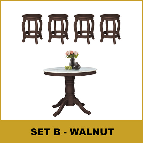 Image of Mateo Dining Set Round Table & Stools 1+4 in Solid Wood Natural Marble Top Cherry/Walnut