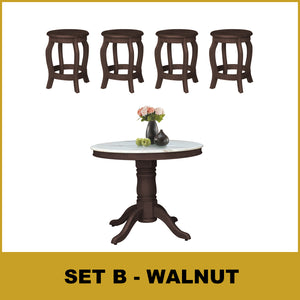 Mateo Dining Set Round Table & Stools 1+4 in Solid Wood Natural Marble Top Cherry/Walnut