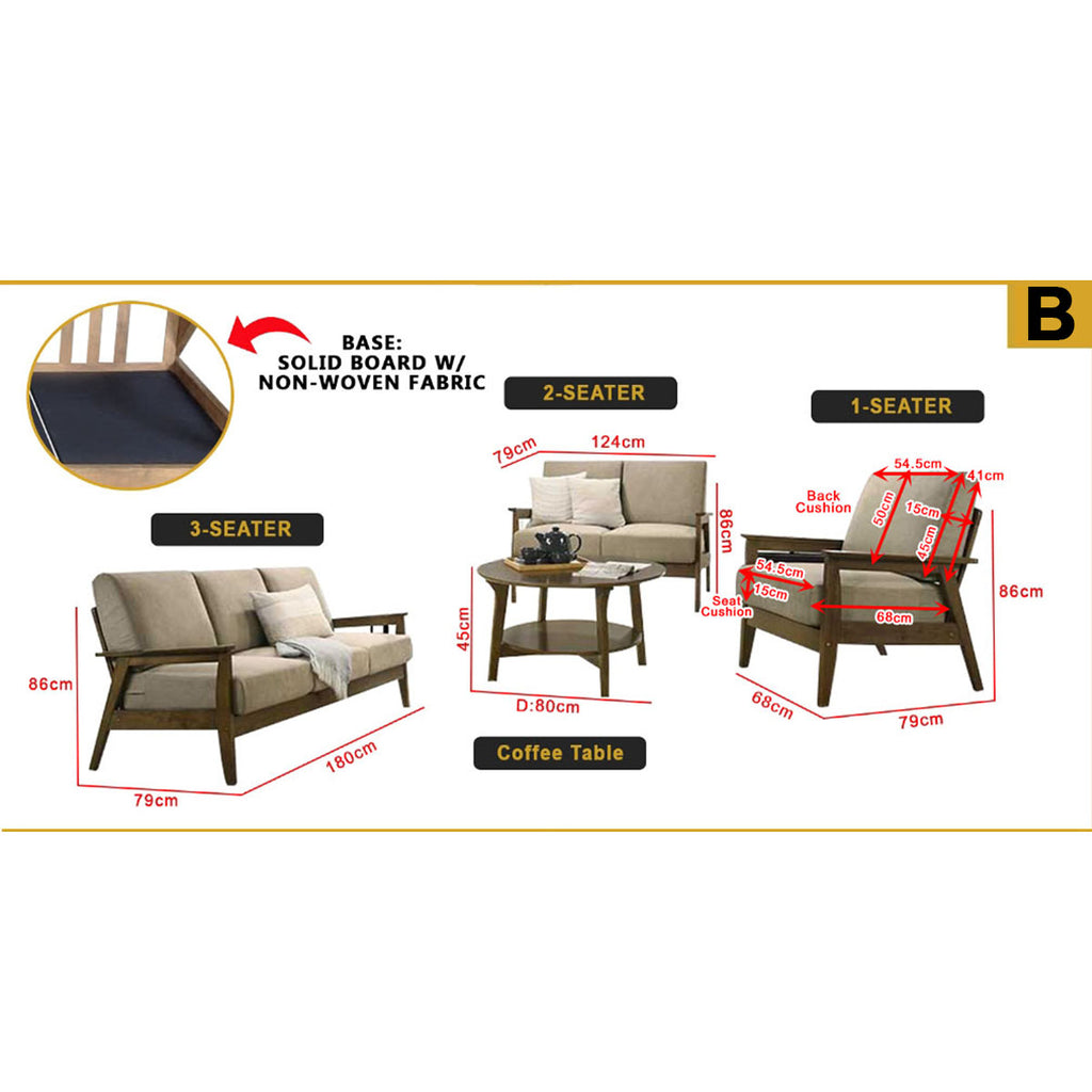 Frida Series 1,2,3 Seater Sofa Set Solid Wood Living Room Furnitures in Light Brown