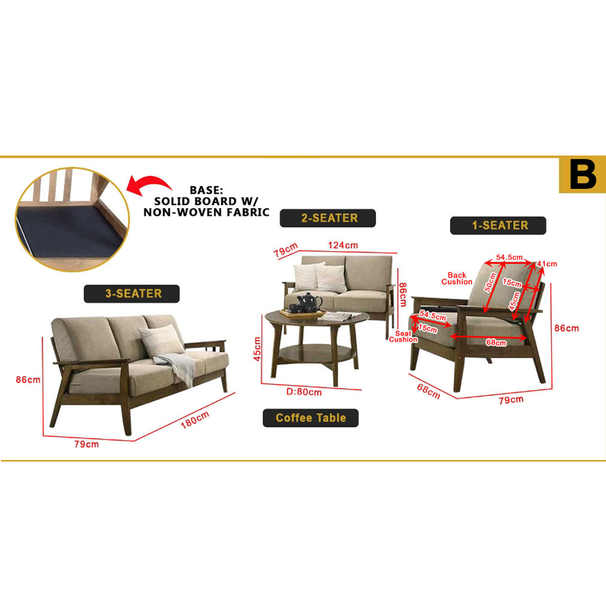 Frida Series 1,2,3 Seater Sofa Set Solid Wood Living Room Furnitures in Light Brown